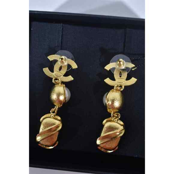 Chanel 22A Gold Pearl White Crystal XL Logo Large Dangle Drop Statement Earrings - Picture 12 of 12